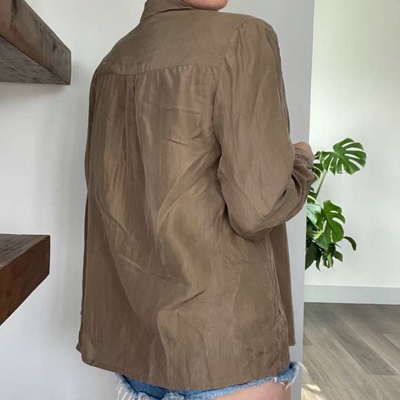 Vintage Silk Button Front Collared Shirt taupe L - Picture 4 of 4